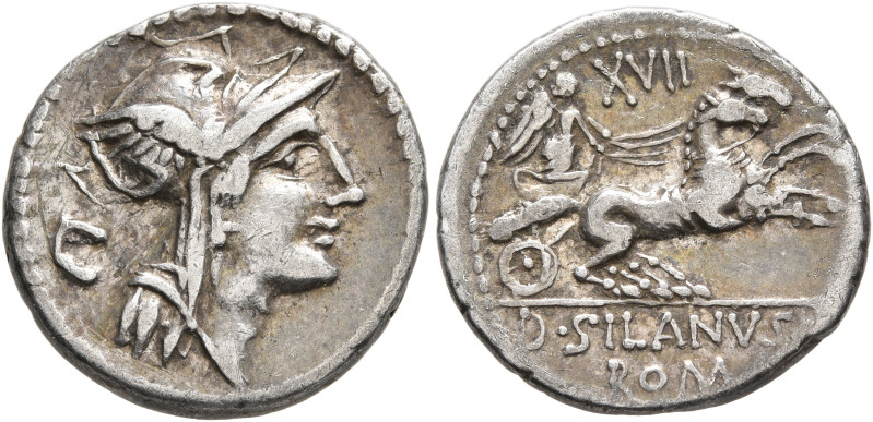 D. Silanus L.f, 91 BC. Denarius (Silver, 18 mm, 3.80 g, 7 h), Rome. Head of Roma...