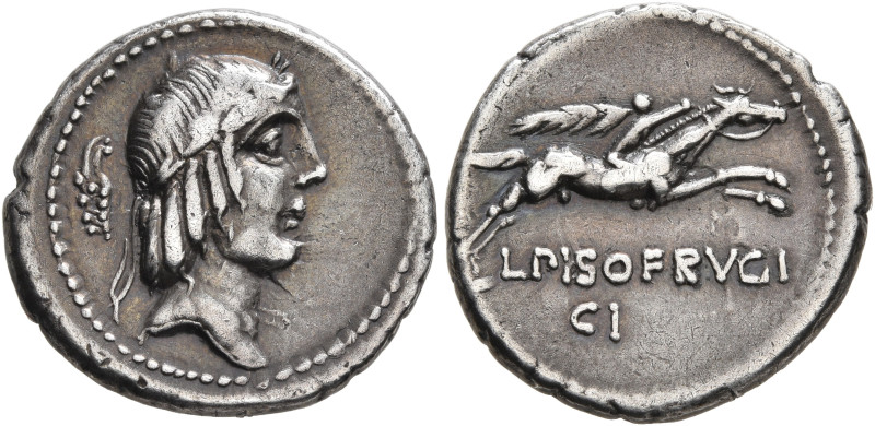 L. Calpurnius Piso Frugi, 90 BC. Denarius (Silver, 19 mm, 3.79 g, 1 h), Rome. La...