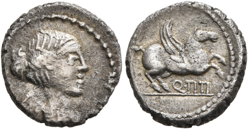 Q. Titius, 90 BC. Quinarius (Silver, 14 mm, 1.69 g, 12 h), Rome. Draped and wing...