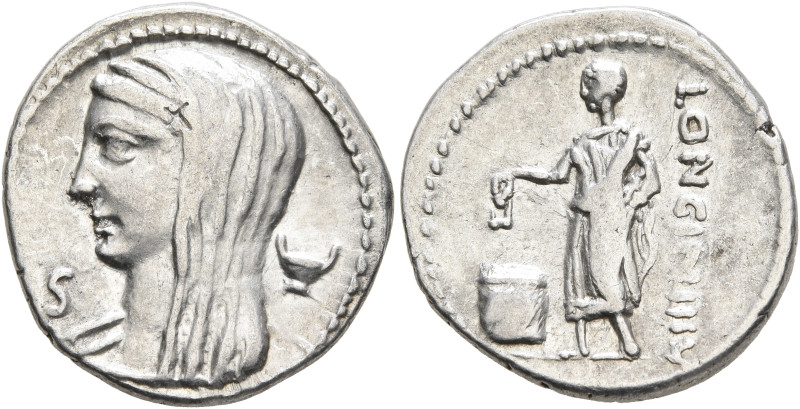 L. Cassius Longinus, 60 BC. Denarius (Silver, 20 mm, 3.83 g, 9 h), Rome. Veiled ...