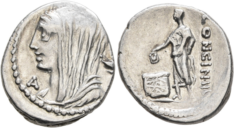 L. Cassius Longinus, 60 BC. Denarius (Silver, 20 mm, 3.81 g, 6 h), Rome. Veiled ...