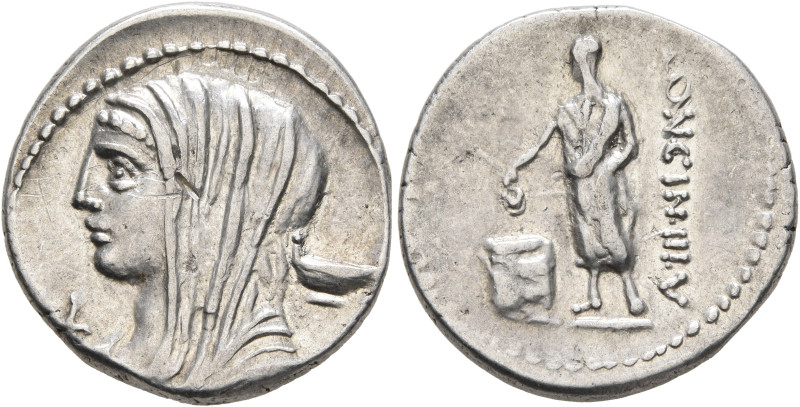 L. Cassius Longinus, 60 BC. Denarius (Silver, 20 mm, 3.88 g, 5 h), Rome. Veiled ...