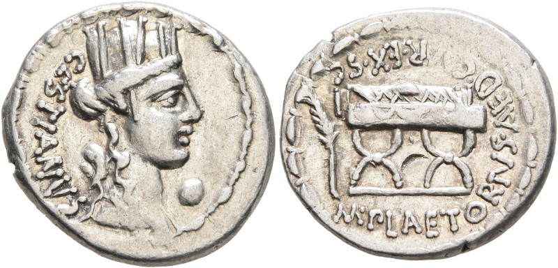 M. Plaetorius M.f. Cestianus, 57 BC. Denarius (Silver, 18 mm, 4.15 g, 4 h), Rome...