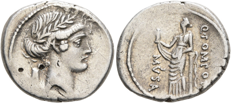 Q. Pomponius Musa, 56 BC. Denarius (Silver, 19 mm, 3.89 g, 6 h), Rome. Laureate ...