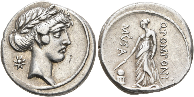 Q. Pomponius Musa, 56 BC. Denarius (Silver, 19 mm, 4.05 g, 6 h), Rome. Laureate ...