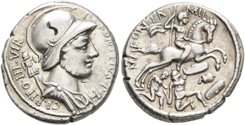 P. Fonteius P.f. Capito, 55 BC. Denarius (Silver, 18 mm, 3.62 g, 10 h), Rome. P•...