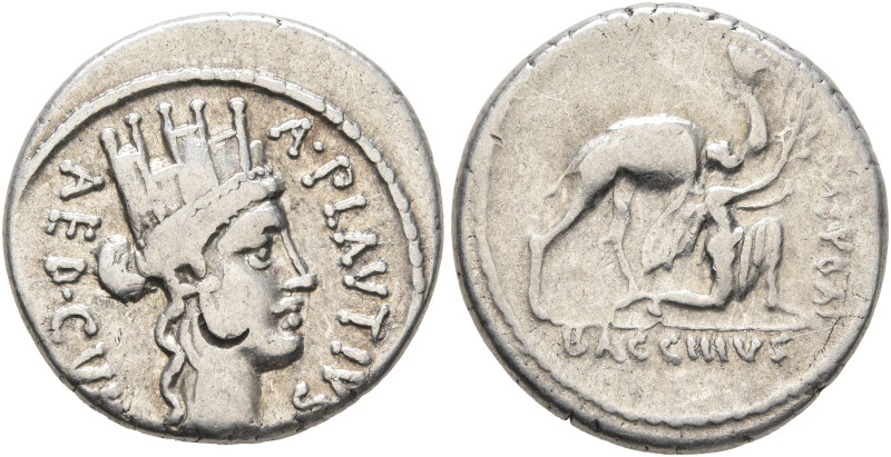 A. Plautius, 55 BC. Denarius (Silver, 18 mm, 3.91 g, 5 h), Rome. A•PLAVTIVS / AE...