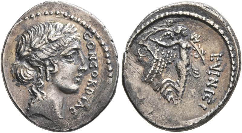 L. Vinicius, 52 BC. Denarius (Silver, 19 mm, 4.06 g, 12 h), Rome. CONCORDIAE Lau...