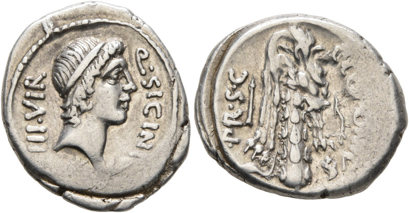 Q. Sicinius and C. Coponius, 49 BC. Denarius (Silver, 19 mm, 3.80 g, 3 h), milit...