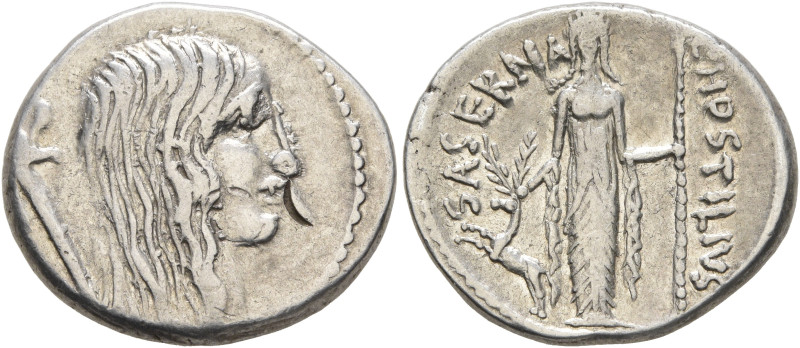 L. Hostilius Saserna, 48 BC. Denarius (Silver, 19 mm, 4.00 g, 6 h), Rome. Bare h...