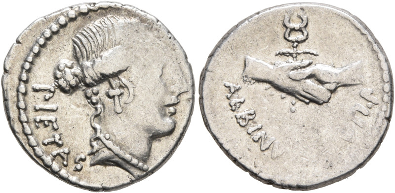 Albinus Bruti f, 48 BC. Denarius (Silver, 18 mm, 3.81 g, 6 h), Rome. PIETAS Head...