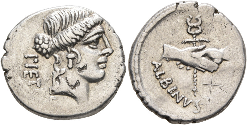 Albinus Bruti f, 48 BC. Denarius (Silver, 18 mm, 3.78 g, 3 h), Rome. PIETAS Head...