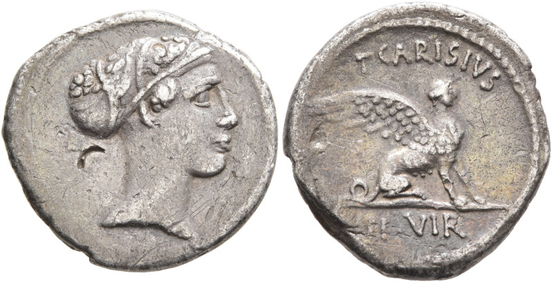 T. Carisius, 46 BC. Denarius (Silver, 18 mm, 3.55 g, 9 h), Rome. Head of the Sib...