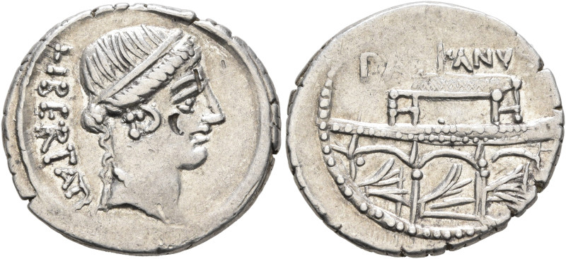 Lollius Palicanus, 45 BC. Denarius (Silver, 20 mm, 3.60 g, 6 h), Rome. LIBERTATI...
