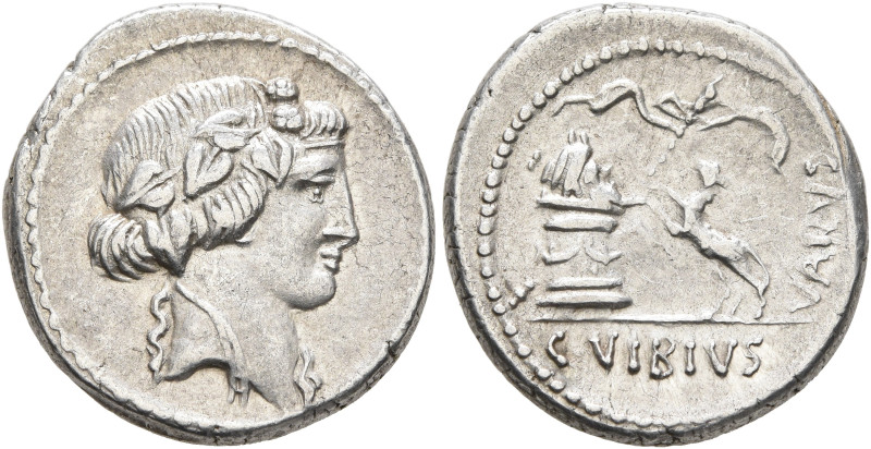 C. Vibius Varus, 42 BC. Denarius (Silver, 19 mm, 4.07 g, 12 h), Rome. Head of Ba...