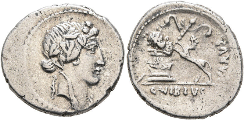 C. Vibius Varus, 42 BC. Denarius (Silver, 19 mm, 3.86 g, 11 h), Rome. Head of Ba...