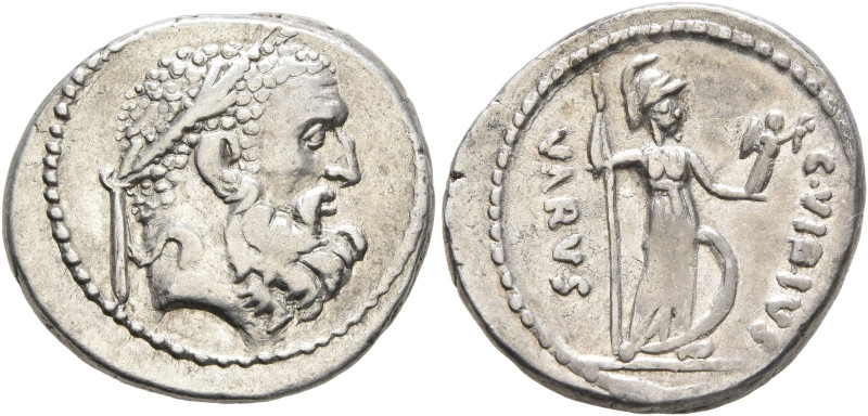 C. Vibius Varus, 42 BC. Denarius (Silver, 19 mm, 4.05 g, 12 h), Rome. Laureate h...