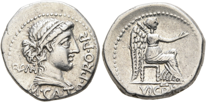 M. Porcius Cato, 47-46 BC. Denarius (Silver, 18 mm, 4.05 g, 11 h), Utica, spring...