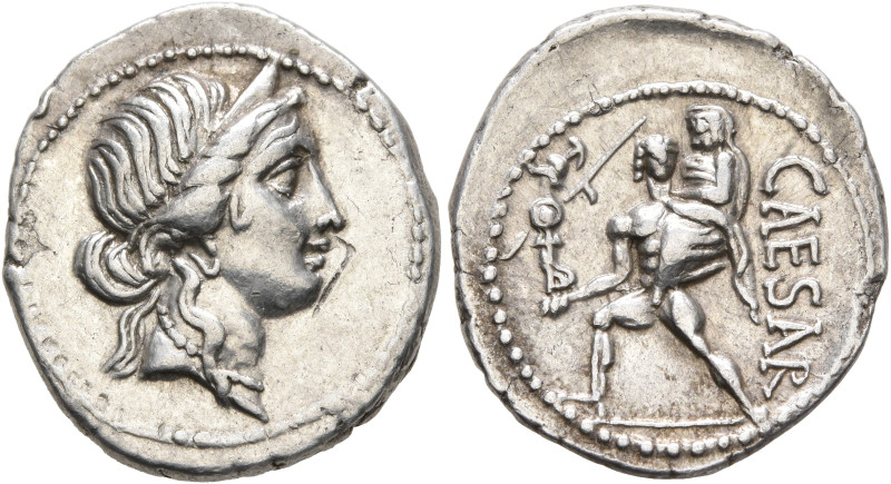 Julius Caesar, 49-44 BC. Denarius (Silver, 19 mm, 3.89 g, 6 h), military mint mo...