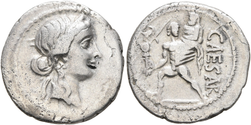 Julius Caesar, 49-44 BC. Denarius (Silver, 18 mm, 3.48 g, 5 h), military mint mo...