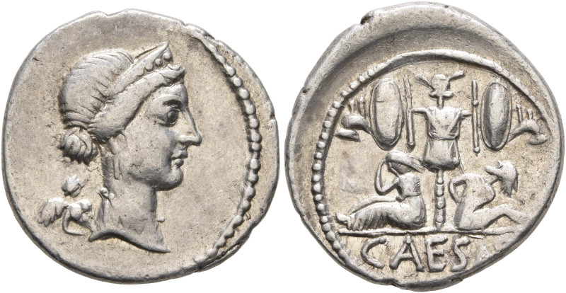 Julius Caesar, 49-44 BC. Denarius (Silver, 19 mm, 3.63 g, 1 h), military mint mo...