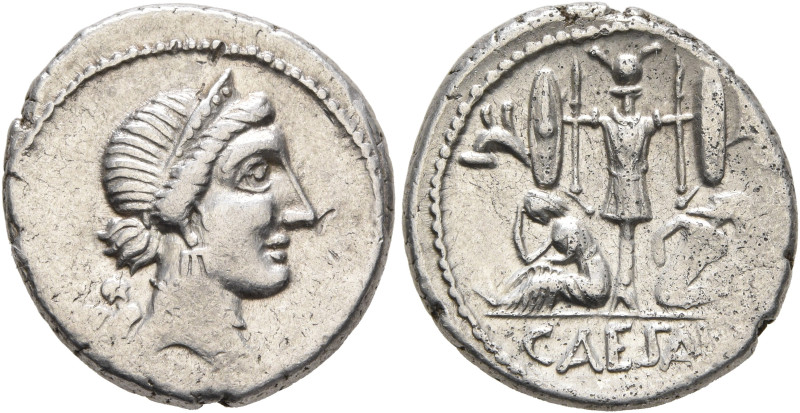 Julius Caesar, 49-44 BC. Denarius (Silver, 18 mm, 3.99 g, 2 h), military mint mo...