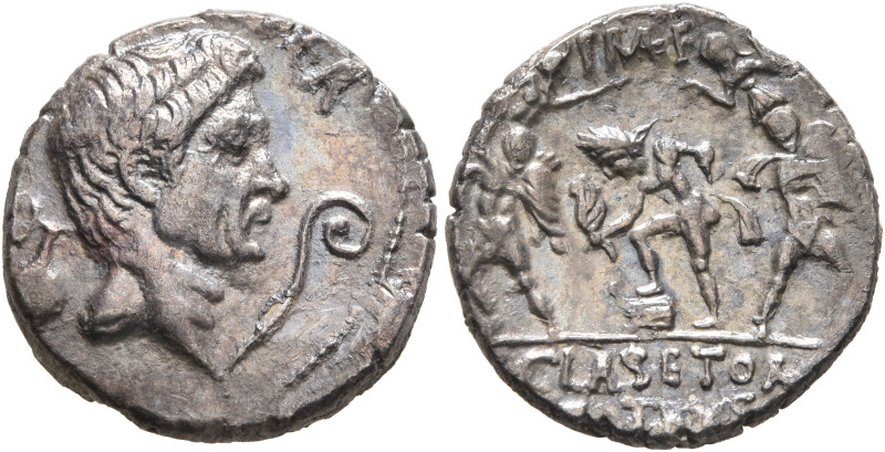 Sextus Pompey, † 35 BC. Denarius (Silver, 17 mm, 3.62 g, 3 h), military mint in ...