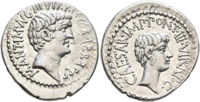 Mark Antony and Octavian. Denarius (Silver, 20 mm, 3.93 g, 12 h), with M. Barbat...