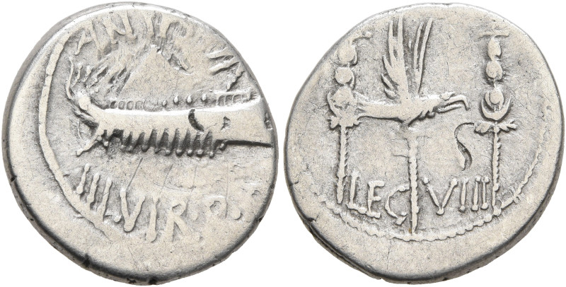 Mark Antony, 44-30 BC. Denarius (Silver, 18 mm, 3.78 g, 12 h), military mint mov...