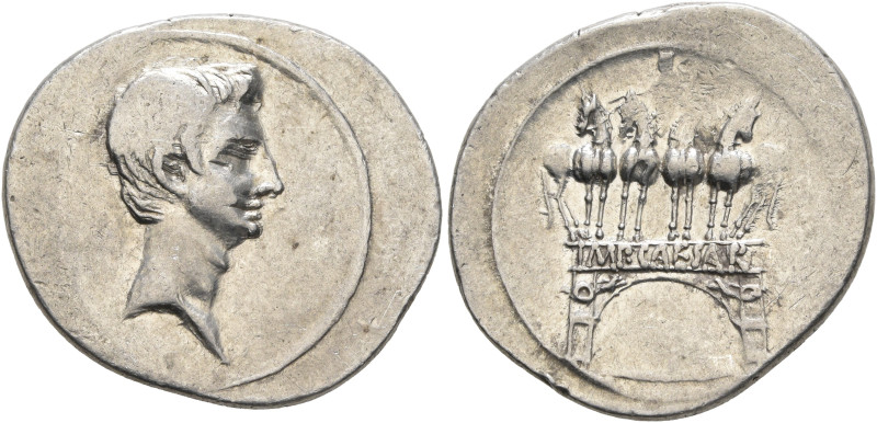 Octavian, 44-27 BC. Denarius (Silver, 22 mm, 3.77 g, 12 h), uncertain Italian mi...