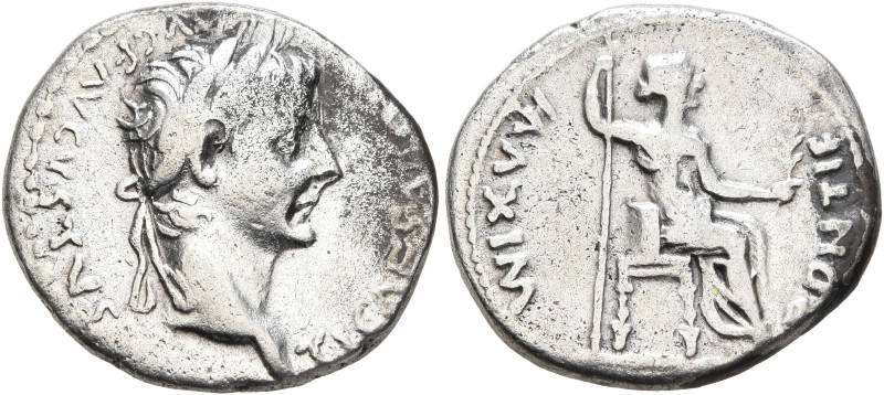 Tiberius, 14-37. Denarius (Silver, 19 mm, 3.58 g, 6 h), Lugdunum. TI CAESAR DIVI...