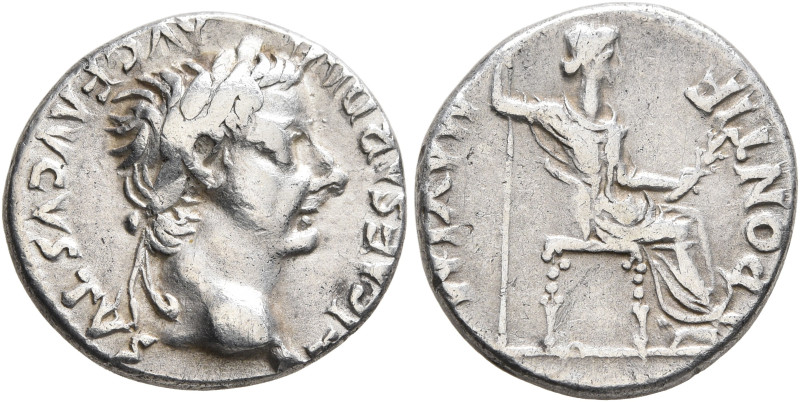 Tiberius, 14-37. Denarius (Silver, 16 mm, 3.37 g, 3 h), Lugdunum, 15-18. TI CAES...