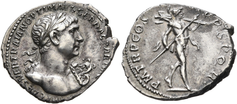 Trajan, 98-117. Denarius (Silver, 20 mm, 3.21 g, 7 h), Rome, 116. IMP CAES NER T...