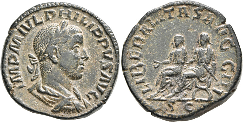 Philip II, 247-249. Sestertius (Orichalcum, 30 mm, 22.81 g, 12 h), Rome. IMP M I...