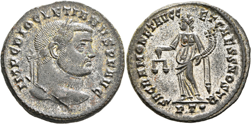 Diocletian, 284-305. Follis (Silvered bronze, 27 mm, 9.13 g, 1 h), Ticinum, circ...