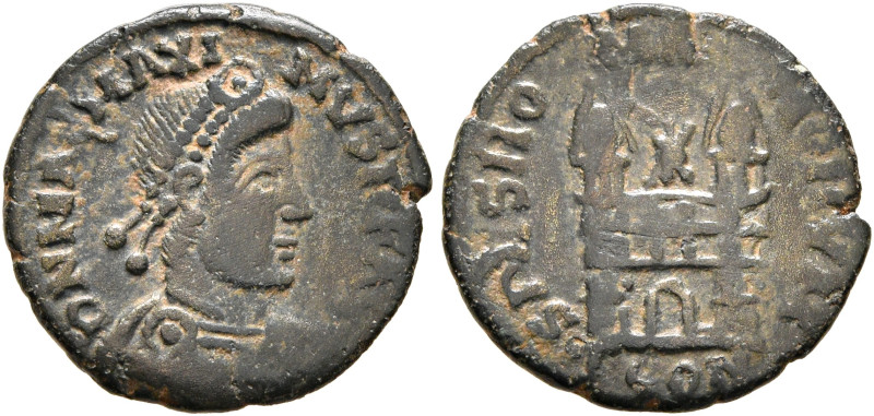 Magnus Maximus, 383-388. Nummus (Bronze, 12 mm, 0.83 g, 6 h), Arelate. D N MAG M...