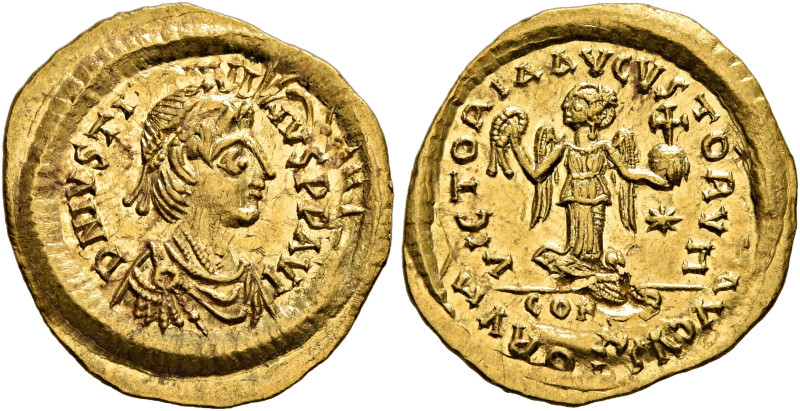 Justin I, 518-527. Tremissis (Gold, 17 mm, 1.49 g, 5 h), Constantinopolis. D N I...