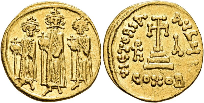 Heraclius, with Heraclius Constantine and Heraclonas, 610-641. Solidus (Gold, 18...