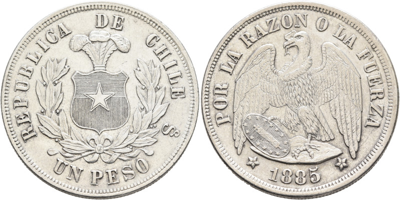 CHILE, Republic. 1818-present. Peso 1885 (Silver, 36 mm, 25.34 g, 6 h), Santiago...