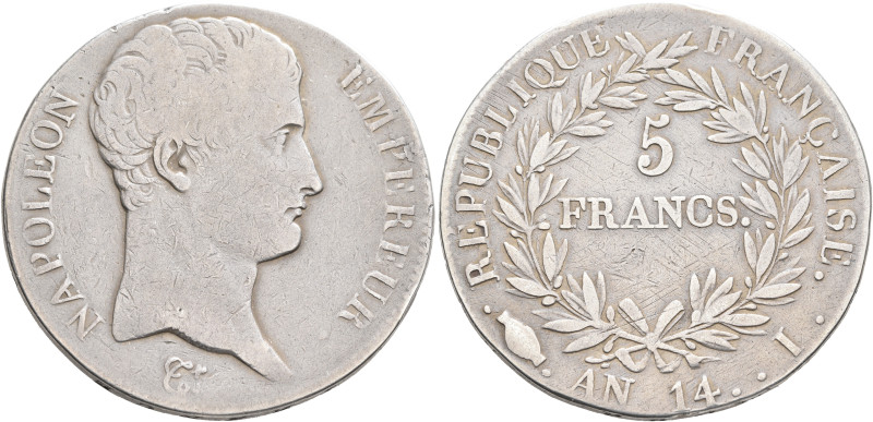 FRANCE, Premier Empire. Napoléon I, 1804-1814, 1815. 5 Francs An 14 = 1805 (Silv...