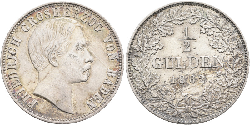 GERMANY. Baden-Durlach. Friedrich I, 1852-1856-1907. 1/2 Gulden 1862 (Silver, 24...