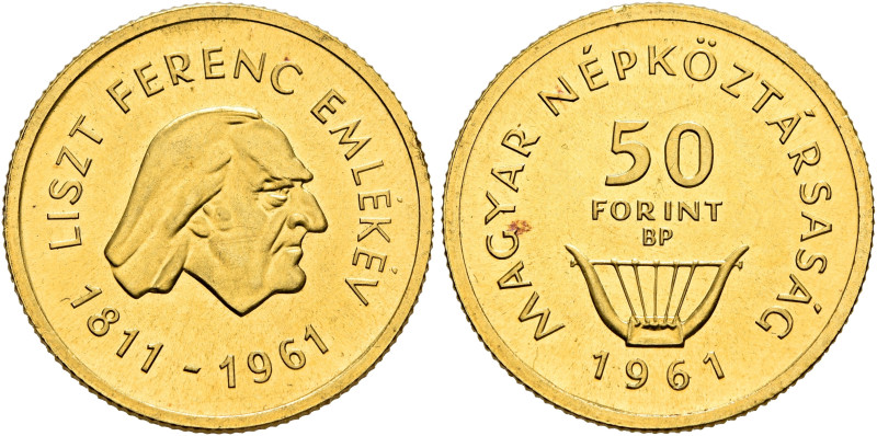 HUNGARY. Népköztársaság (People’s Republic), 1949-1989. 50 Forint 1961 (Gold, 19...
