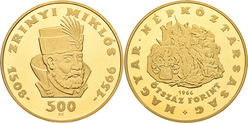 HUNGARY. Népköztársaság (People’s Republic), 1949-1989. 500 Forint 1966 (Gold, 4...