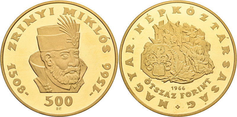 HUNGARY. Népköztársaság (People’s Republic), 1949-1989. 500 Forint 1966 (Gold, 4...