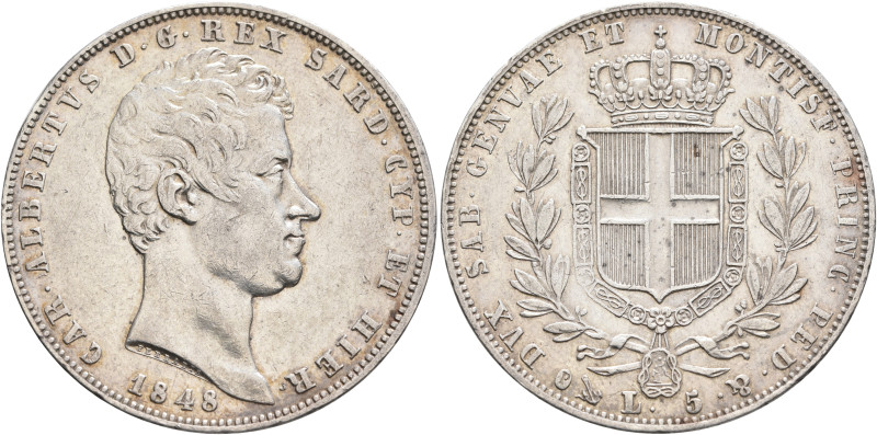 ITALY. Sardegna (Regno). Carlo Alberto, 1831-1849. 5 Lire 1848 (Silver, 37 mm, 2...