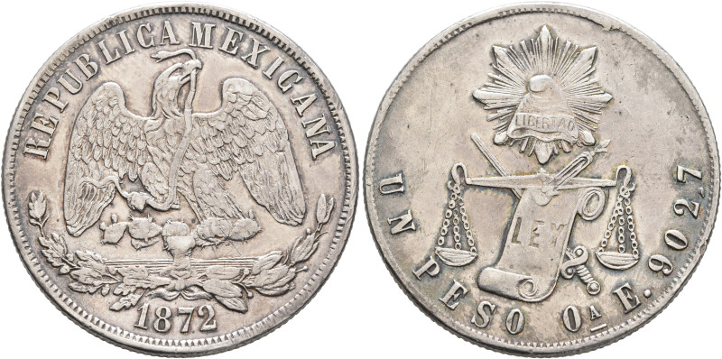 MEXICO, Republic (Second). 1867-present. Peso 1872 (Silver, 36 mm, 27.07 g, 6 h)...