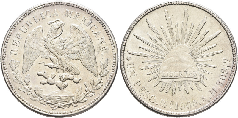 MEXICO, Republic (Second). 1867-present. Peso 1908 (Silver, 39 mm, 27.06 g, 6 h)...