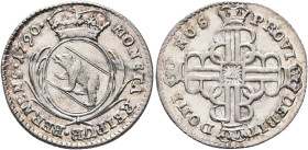 SWITZERLAND. Bern. Stadt. 10 Kreuzer 1790 (Silver, 20 mm, 2.20 g, 12 h). MONETA REIPUB•BERNENS•1790 Crowned arms between palm branches. Rev. DOMINUS P...
