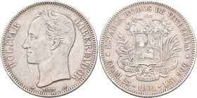 VENEZUELA. Republic. 1830-pres. 5 Bolivares 1901 (Silver, 37 mm, 24.78 g, 6 h). BOLIVAR - LIBERATOR Head of Simon Bolivar to elft. Rev. ESTADOS UNIDOS...