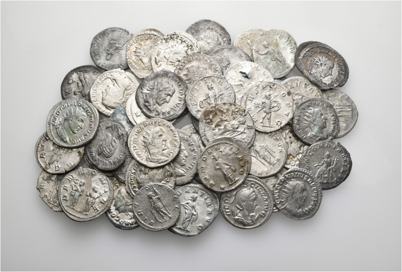 A lot containing 50 silver coins. All: Roman Imperial. Harshly cleaned and some ...